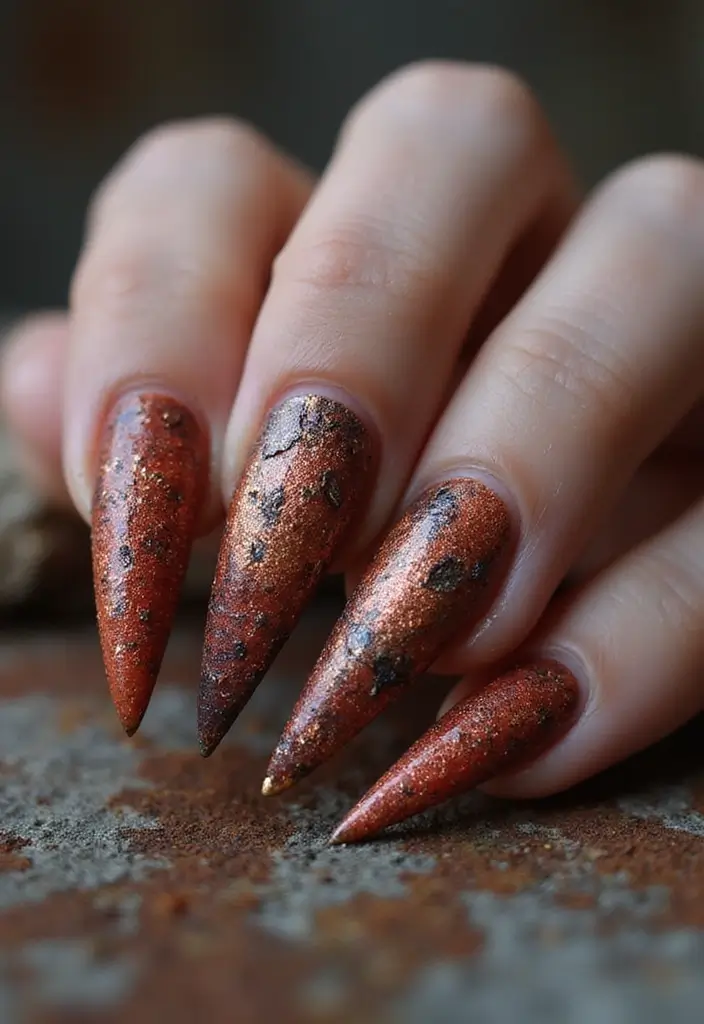 35 Edgy Coffin Nail Ideas for Dramatic Head-Turning Flair - 21. Rusty Nails