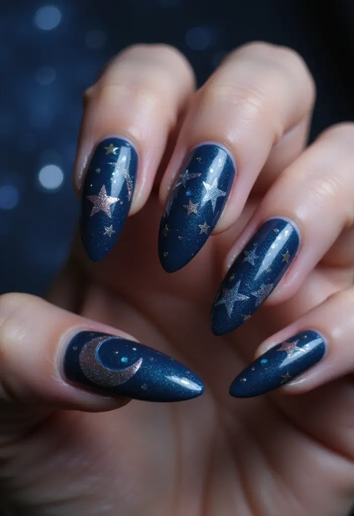 35 Edgy Coffin Nail Ideas for Dramatic Head-Turning Flair - 23. Celestial Dreams