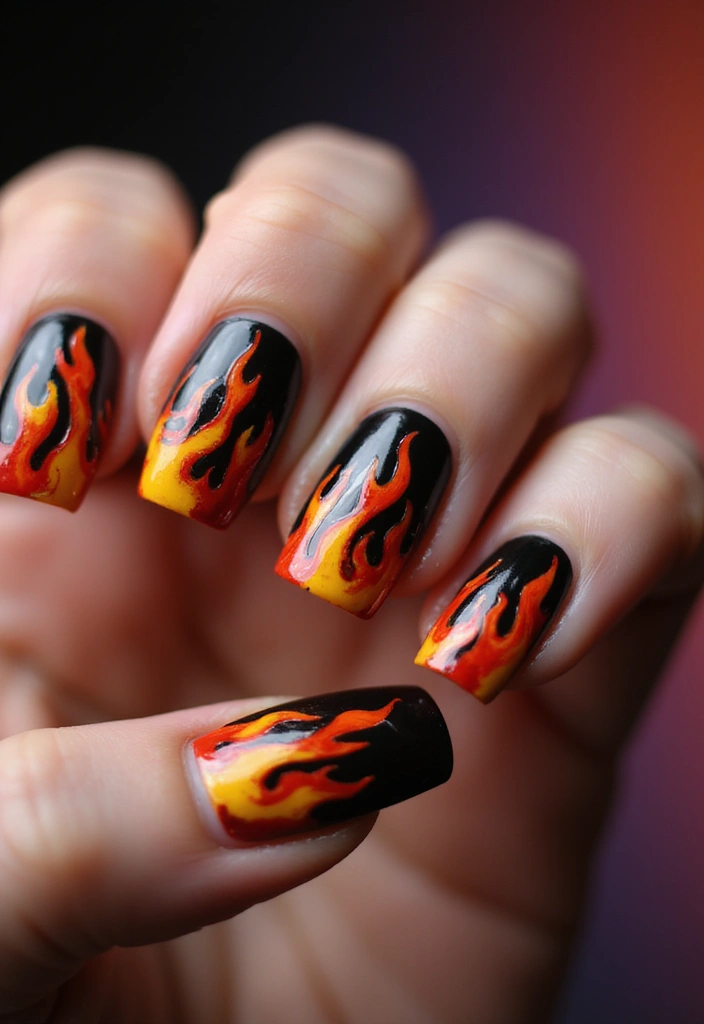 35 Edgy Coffin Nail Ideas for Dramatic Head-Turning Flair - 24. Fiery Flames