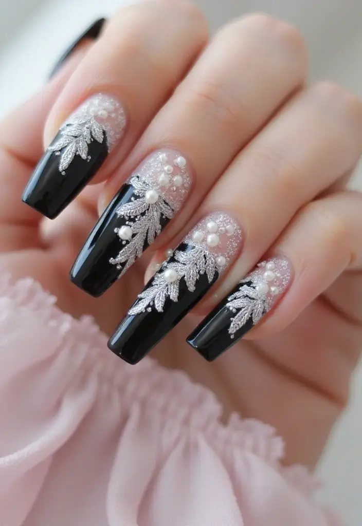 35 Edgy Coffin Nail Ideas for Dramatic Head-Turning Flair - 30. Lace and Pearls