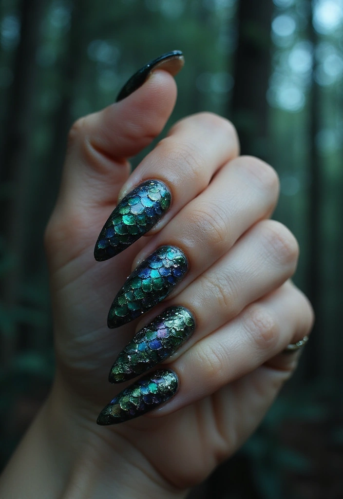 35 Edgy Coffin Nail Ideas for Dramatic Head-Turning Flair - 34. Dragon Scales