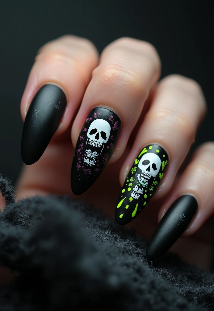 35 Edgy Coffin Nail Ideas for Dramatic Head-Turning Flair - 4. Spooky Skulls