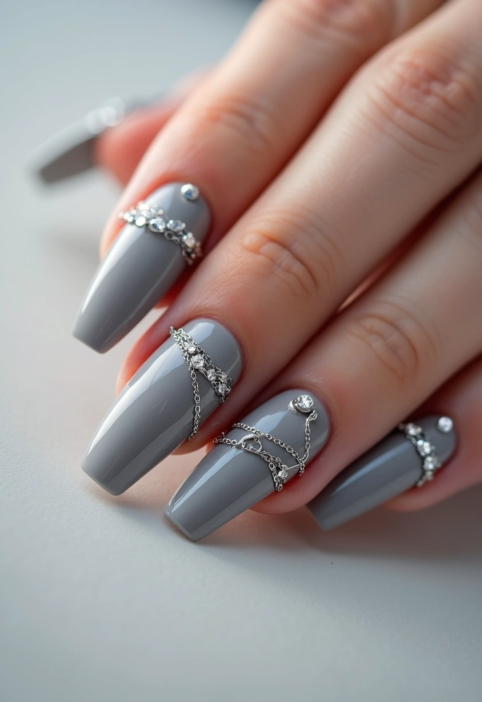 35 Edgy Coffin Nail Ideas for Dramatic Head-Turning Flair - 5. Silver Chains