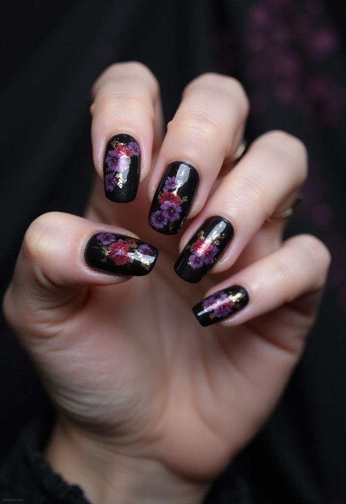 35 Edgy Coffin Nail Ideas for Dramatic Head-Turning Flair - 6. Dark Florals