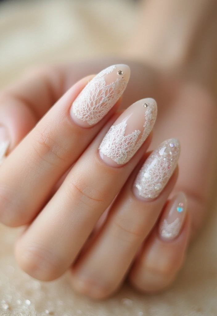 35 Elegant Almond Nail Ideas for Refined - 27. Lace and Gems