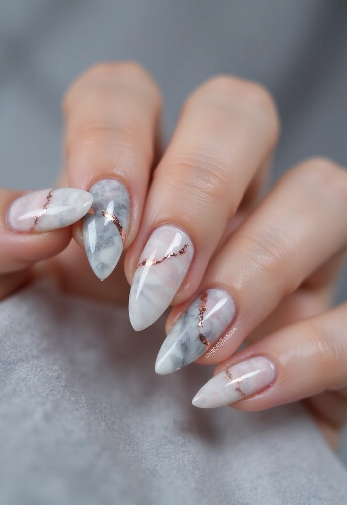 35 Elegant Almond Nail Ideas for Refined - 30. Marble and Rose Gold