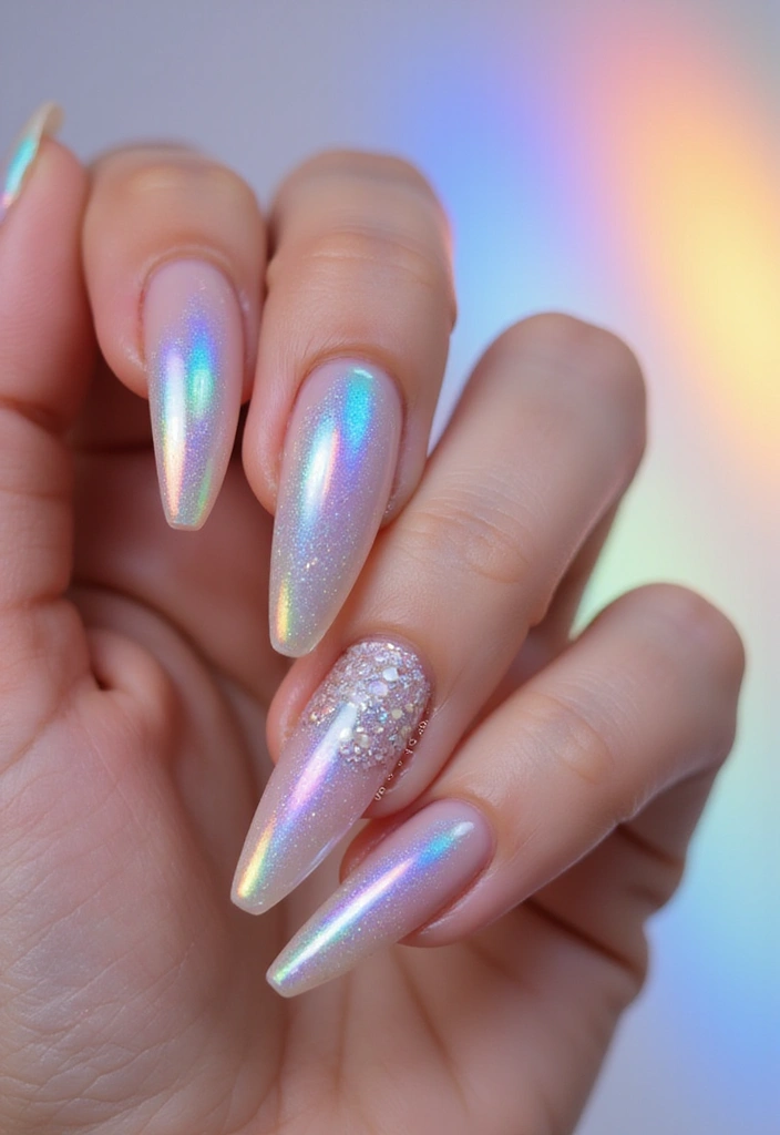 35 Fierce Acrylic Stiletto Nail Ideas for Sharp Drama - 12. Holographic Shine