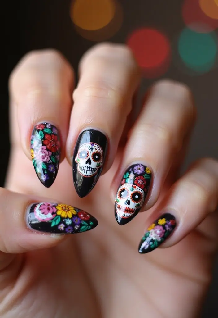 35 Fierce Acrylic Stiletto Nail Ideas for Sharp Drama - 22. Sugar Skull Celebration