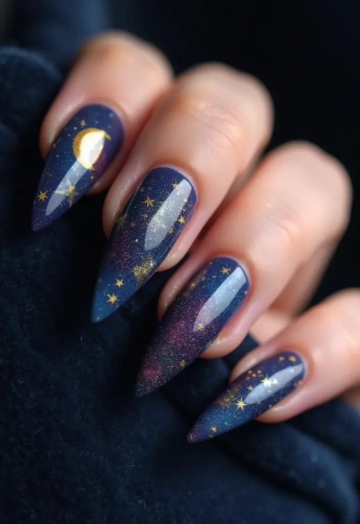 35 Fierce Acrylic Stiletto Nail Ideas for Sharp Drama - 25. Starry Night