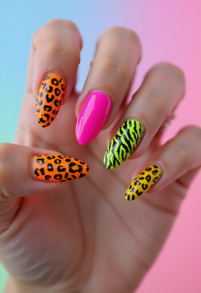 35 Fierce Acrylic Stiletto Nail Ideas for Sharp Drama - 30. Neon Animal Prints