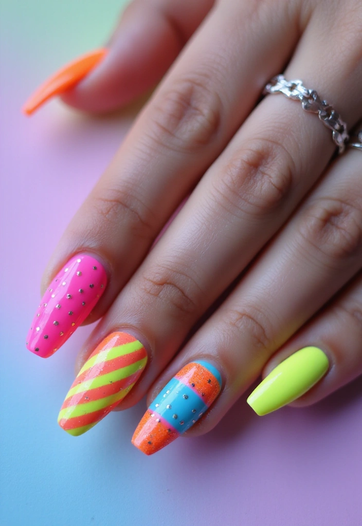 35 Fierce Acrylic Stiletto Nail Ideas for Sharp Drama - 6. Neon Nights