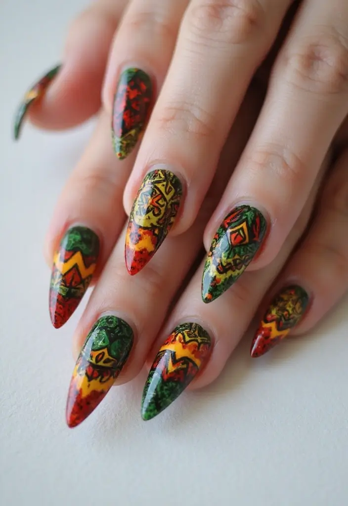 35 Fierce Acrylic Stiletto Nail Ideas for Sharp Drama - 8. Tribal Vibes