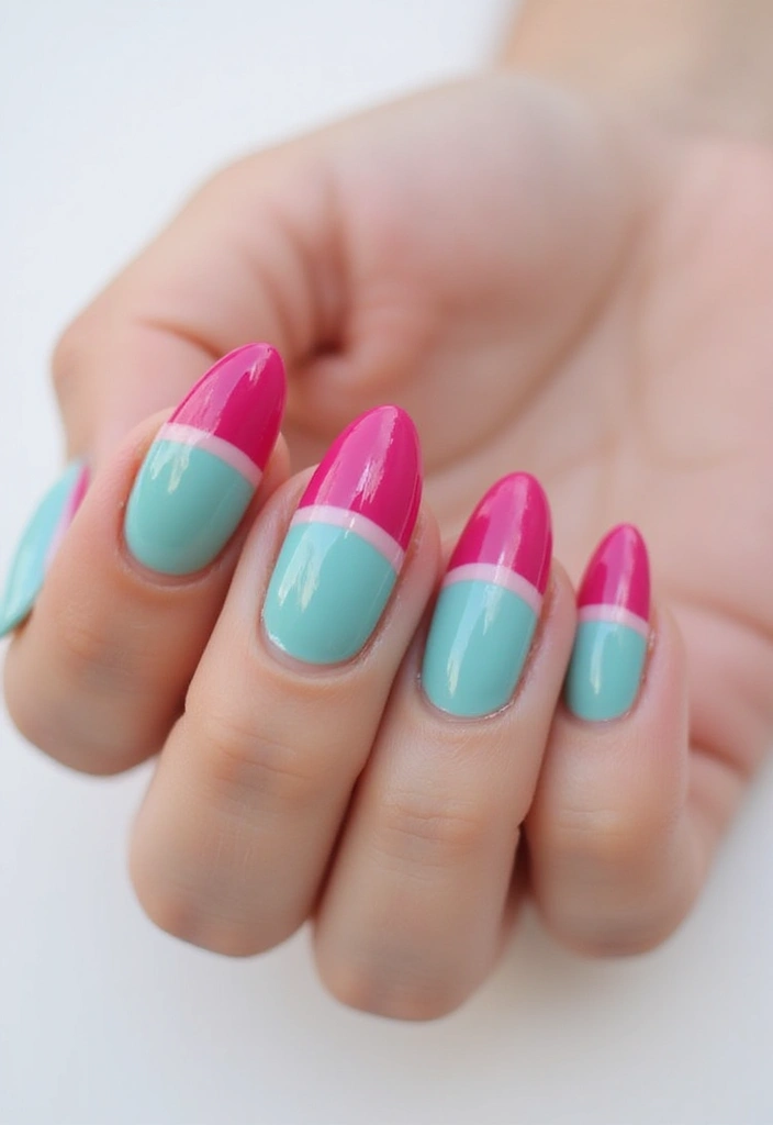 35 French Nail Ideas with Irresistible Twists - 22. Bold Color Split French Tips