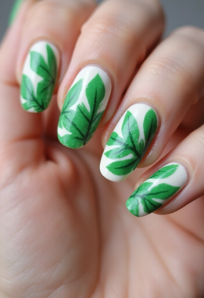 35 Fresh Green Nail Ideas for Nature-Inspired Eco-Chic Glow - 23. Tropical Leaves
