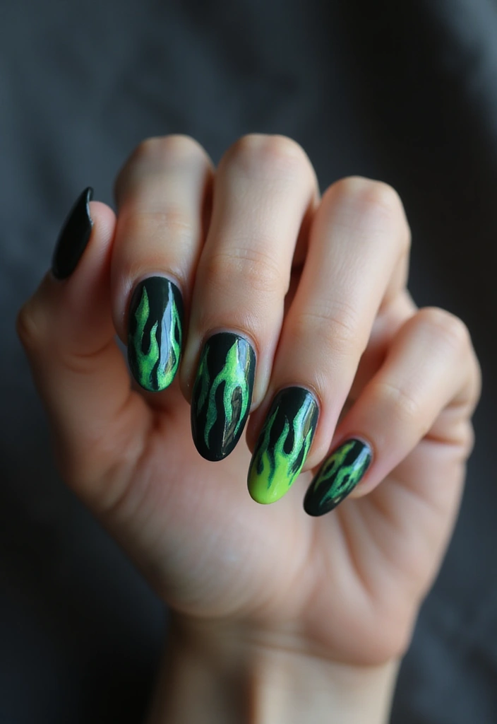 35 Fresh Green Nail Ideas for Nature-Inspired Eco-Chic Glow - 24. Green Flames