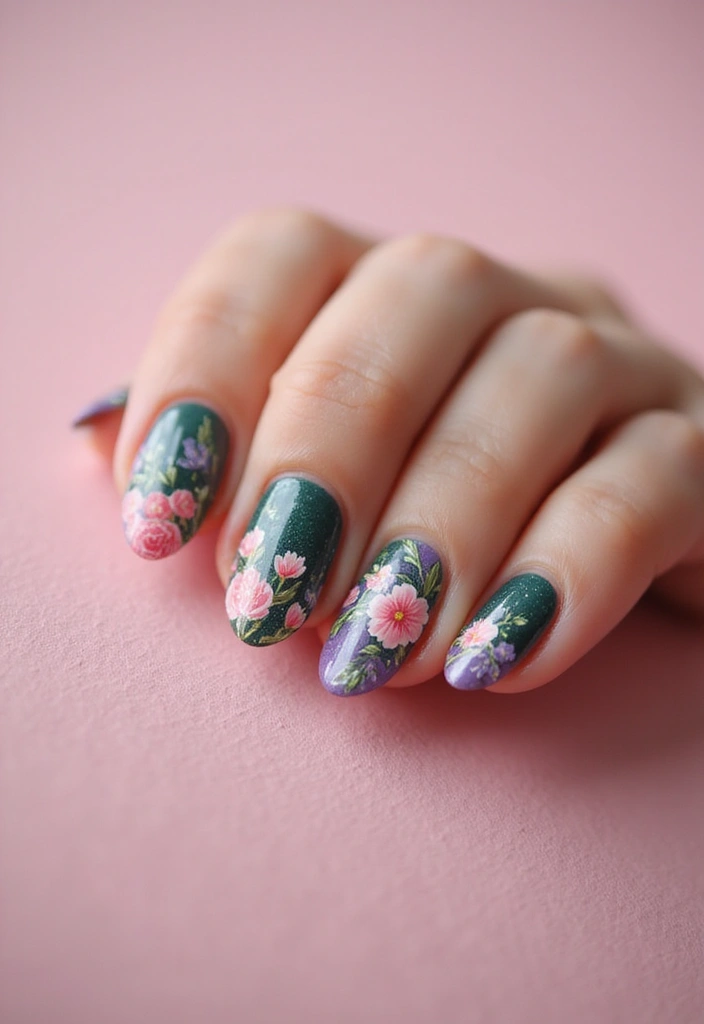 35 Fresh Green Nail Ideas for Nature-Inspired Eco-Chic Glow - 28. Botanic Stamped Nails