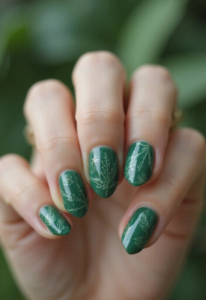 35 Fresh Green Nail Ideas for Nature-Inspired Eco-Chic Glow - 30. Leaf Imprints