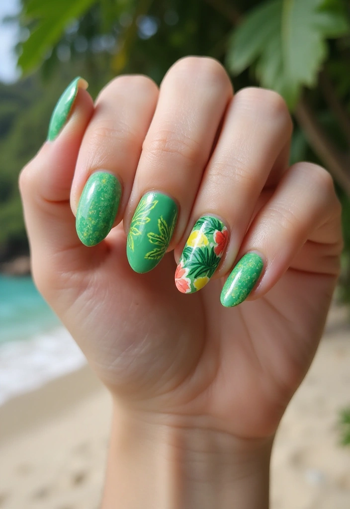 35 Fresh Green Nail Ideas for Nature-Inspired Eco-Chic Glow - 34. Tropical Green