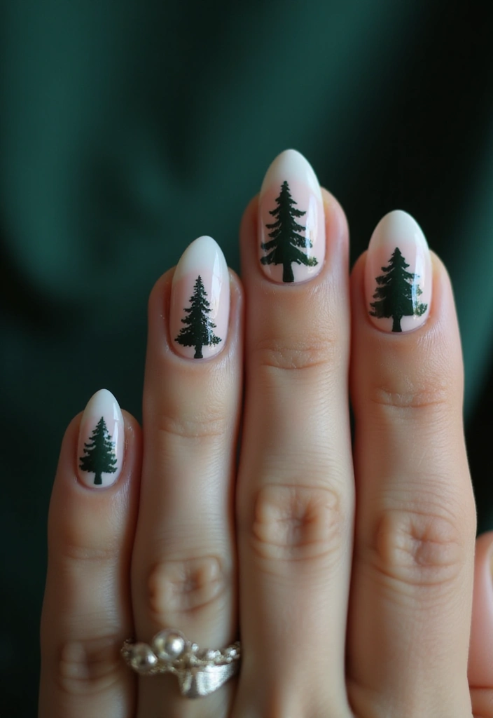 35 Fresh Green Nail Ideas for Nature-Inspired Eco-Chic Glow - 7. Pine Tree Silhouettes
