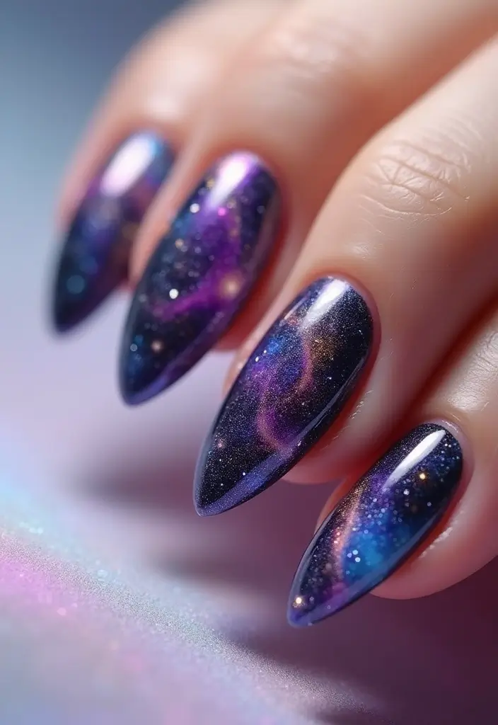35 Futuristic Chrome Nail Ideas for Metallic - 14. Cosmic Swirls