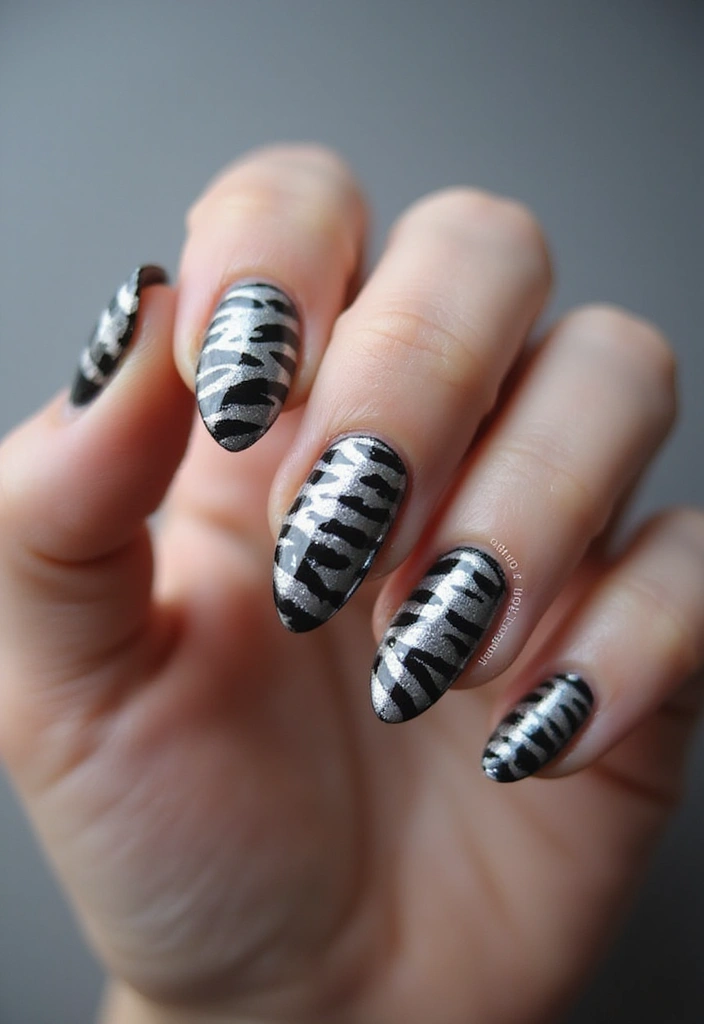 35 Futuristic Chrome Nail Ideas for Metallic - 29. Futuristic Zebra Stripes