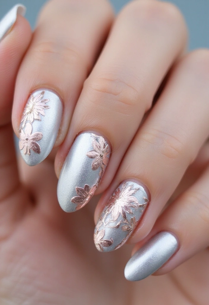 35 Futuristic Chrome Nail Ideas for Metallic - 5. Metallic Floral Designs