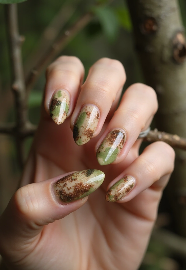 35 Medium Nail Ideas for Beautiful Harmony - 15. Nature-Inspired Splatter with Earthy Colors