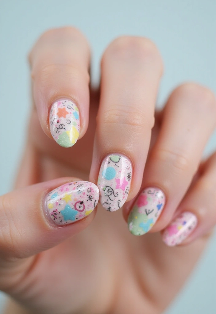 35 Medium Nail Ideas for Beautiful Harmony - 19. Whimsical Doodles with Eco-Friendly Shades