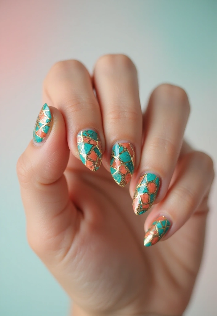 35 Medium Nail Ideas for Beautiful Harmony - 21. Mosaic Nails with Natural Elements