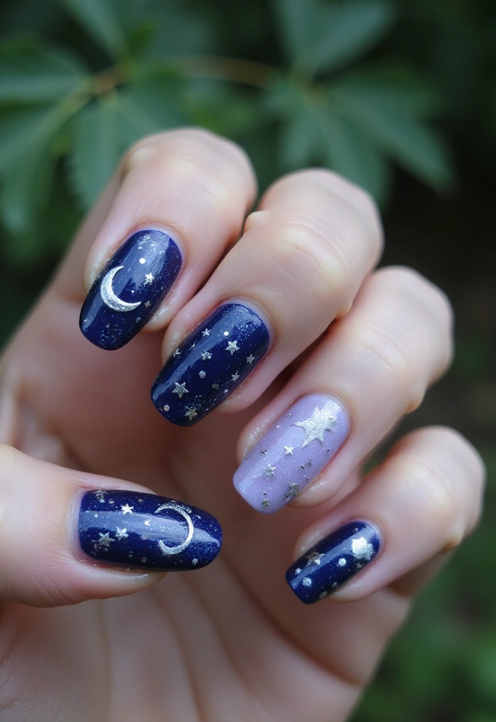 35 Medium Nail Ideas for Beautiful Harmony - 23. Celestial Themes with Nature-Inspired Colors