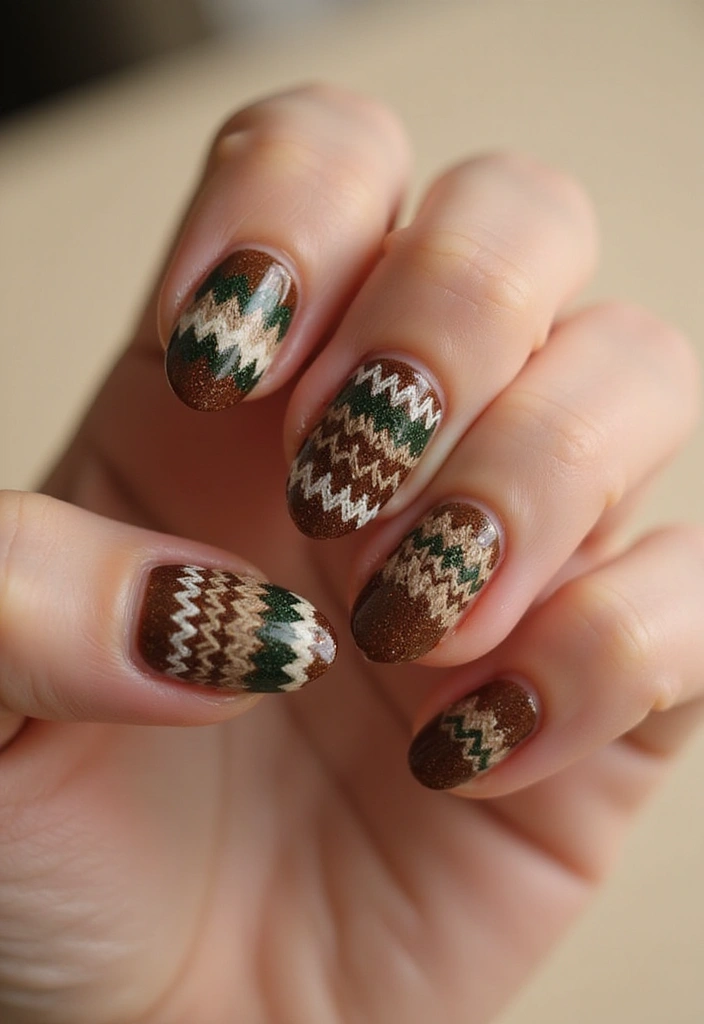 35 Medium Nail Ideas for Beautiful Harmony - 26. Cozy Knit Patterns with Earthy Tones