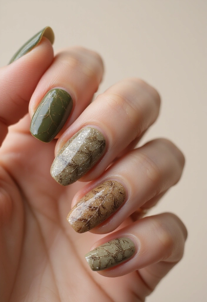 35 Medium Nail Ideas for Beautiful Harmony - 29. Textured Leaves with Natural Polishes