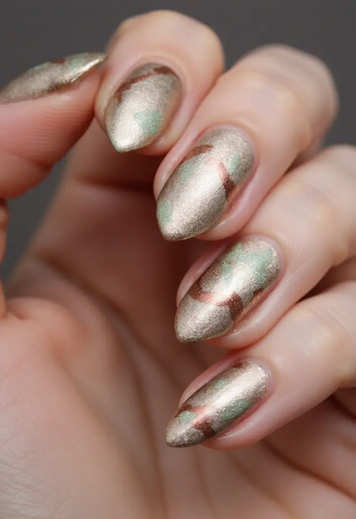 35 Medium Nail Ideas for Beautiful Harmony - 32. Soft Metallics with Earthy Undertones