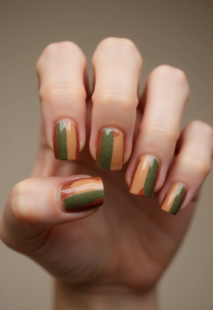 35 Medium Nail Ideas for Beautiful Harmony - 9. Color Blocking with Earthy Shades