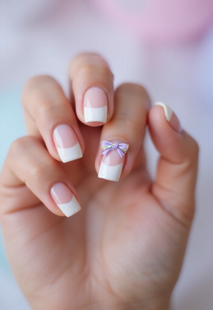 35 Playful Nails with Bows for Irresistibly Girly Charm - 1. Classic French Tips with Bow Accents