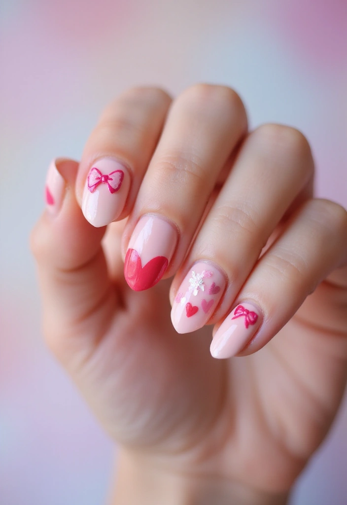 35 Playful Nails with Bows for Irresistibly Girly Charm - 13. Bow and Heart Combo