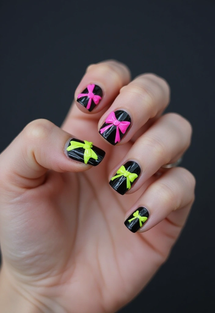 35 Playful Nails with Bows for Irresistibly Girly Charm - 15. Neon Bows for an Edgy Look