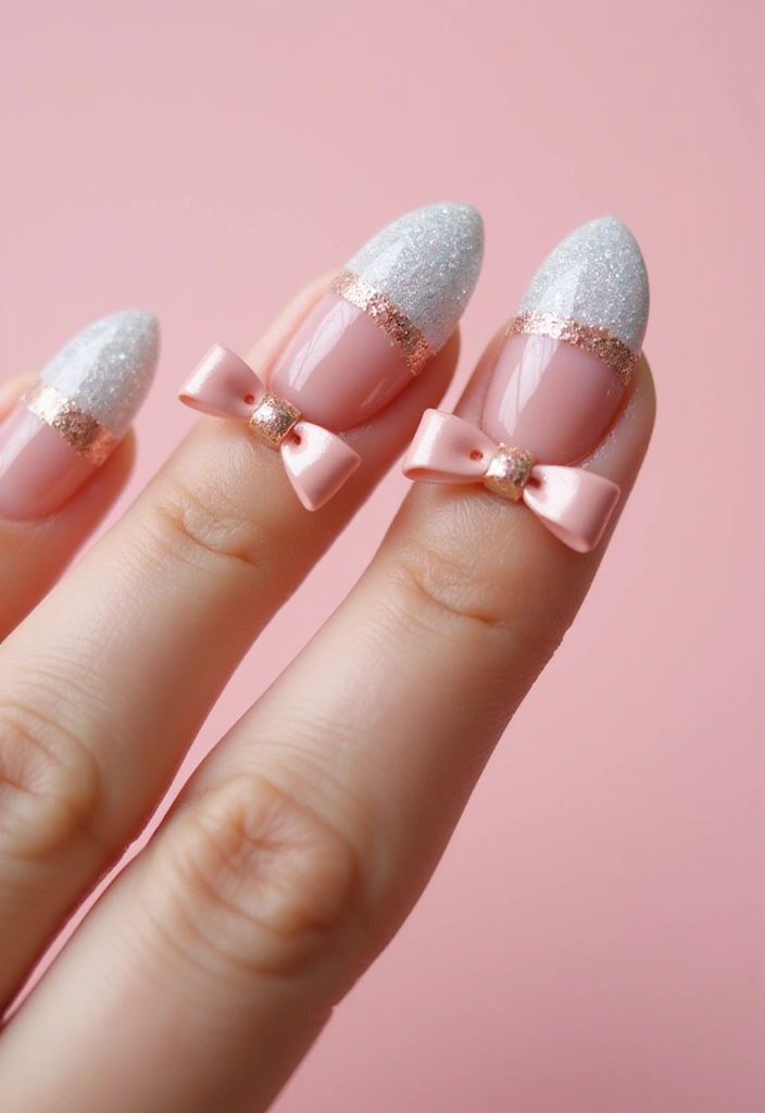 35 Playful Nails with Bows for Irresistibly Girly Charm - 19. Bows with Glittery Tips