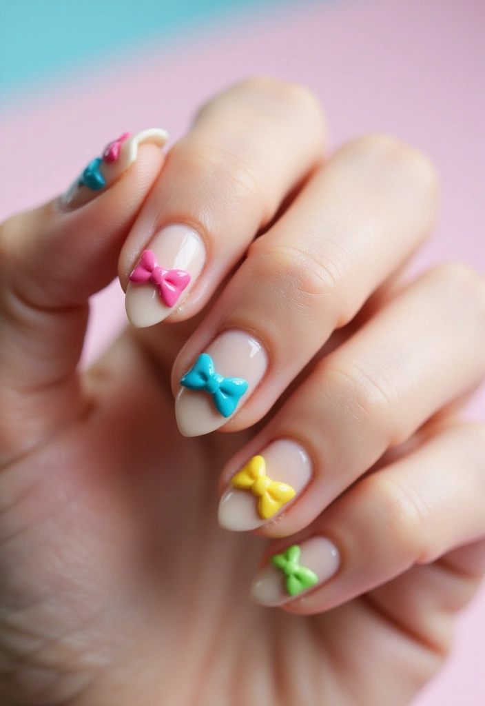 35 Playful Nails with Bows for Irresistibly Girly Charm - 2. Rainbow Bows for a Pop of Color