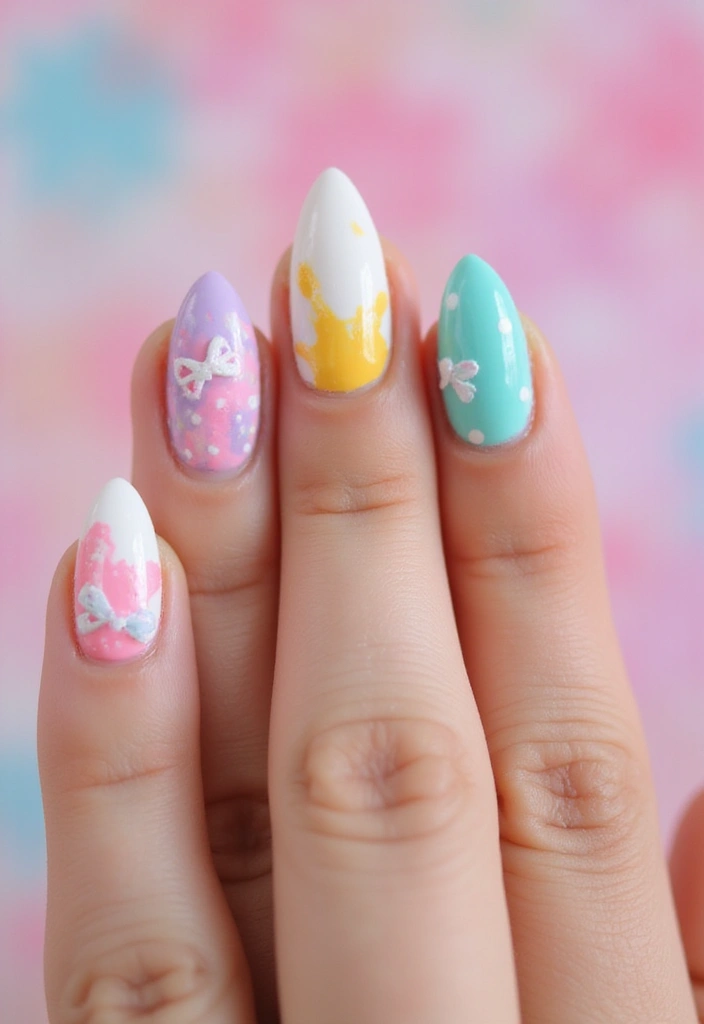35 Playful Nails with Bows for Irresistibly Girly Charm - 24. Bows with Colorful Splashes