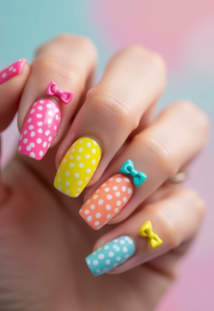 35 Playful Nails with Bows for Irresistibly Girly Charm - 26. Spotted Bow Designs