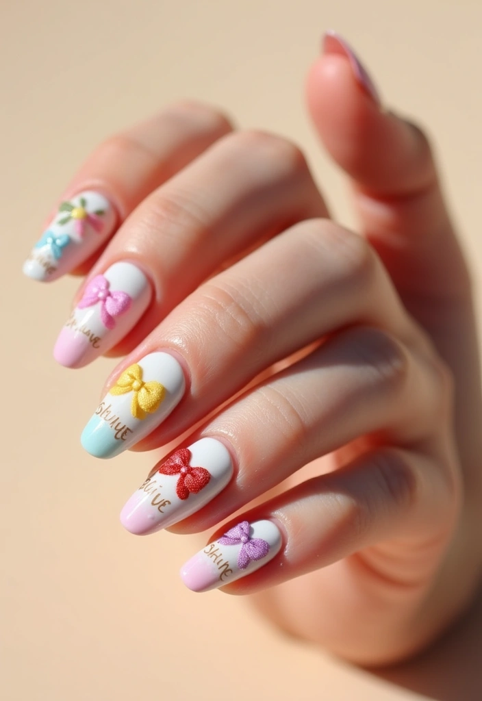 35 Playful Nails with Bows for Irresistibly Girly Charm - 27. Text Bows for a Unique Message