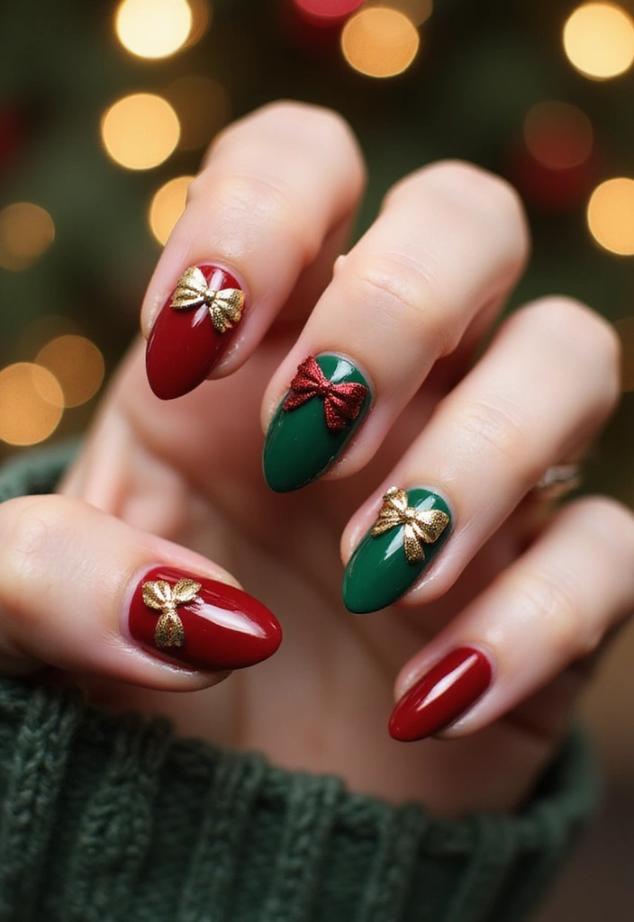 35 Playful Nails with Bows for Irresistibly Girly Charm - 31. Bows for Holiday Cheer