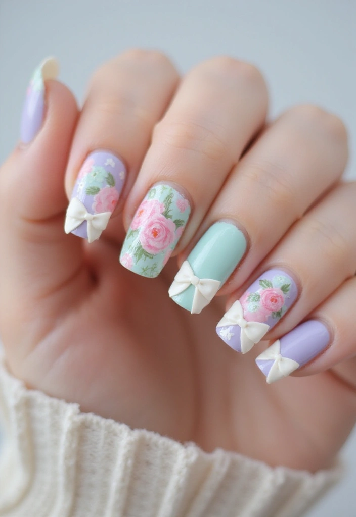 35 Playful Nails with Bows for Irresistibly Girly Charm - 33. Vintage Floral Bows