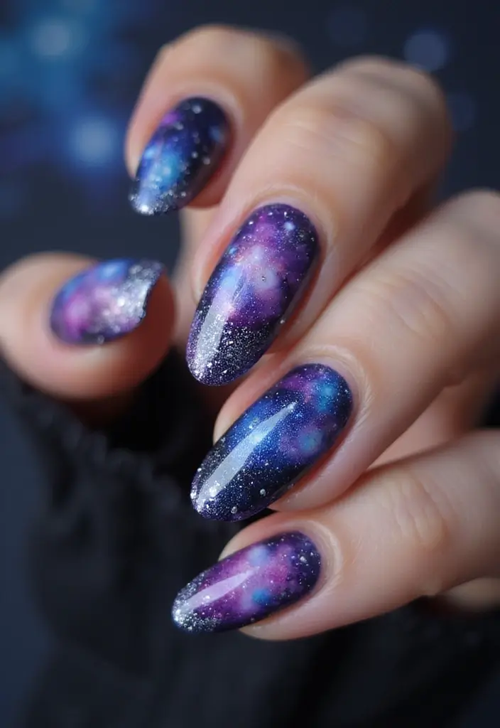 35 Sharp Stiletto Nail Ideas for Daring - 11. Galaxy Nails