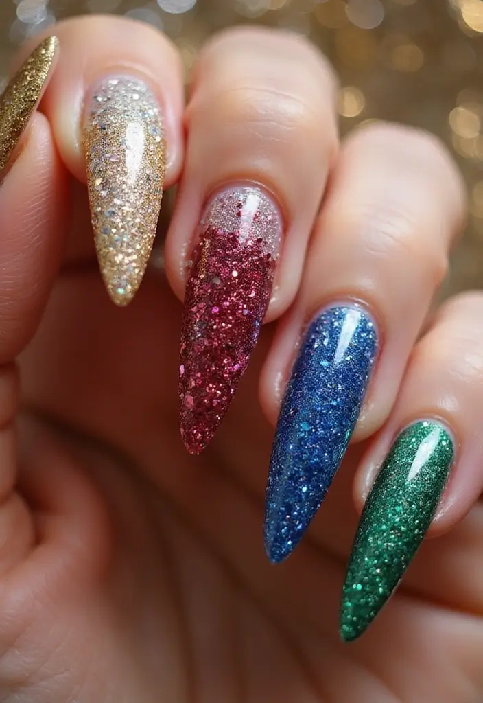 35 Sharp Stiletto Nail Ideas for Daring - 16. Glitter Galore