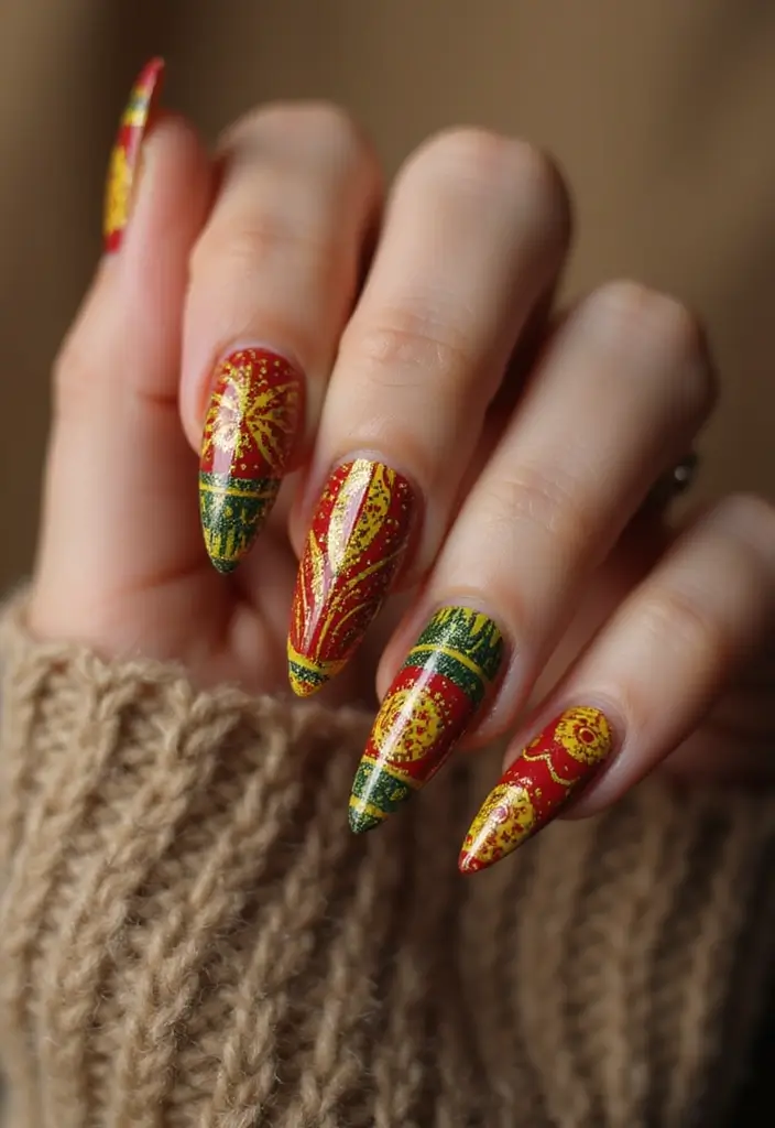 35 Sharp Stiletto Nail Ideas for Daring - 22. Vibrant Tribal Patterns