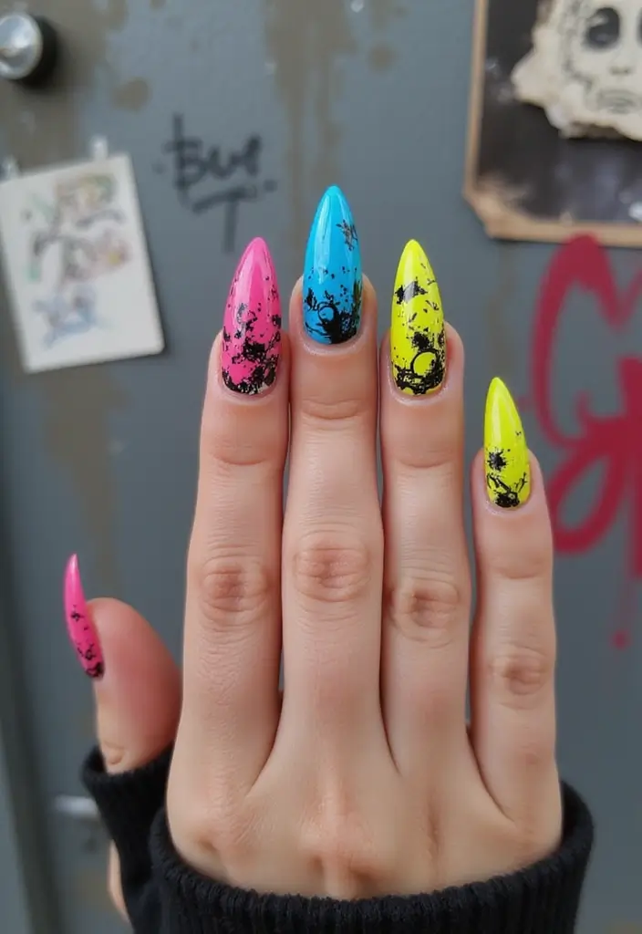 35 Sharp Stiletto Nail Ideas for Daring - 23. Urban Graffiti