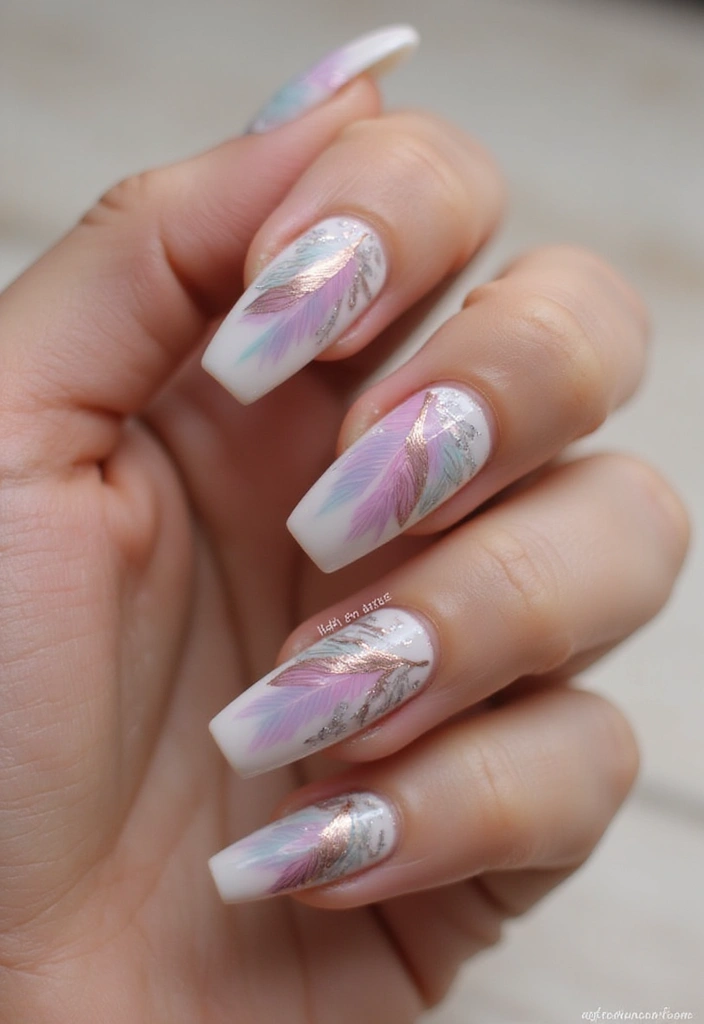 35 Sharp Stiletto Nail Ideas for Daring - 29. Boho Feathers