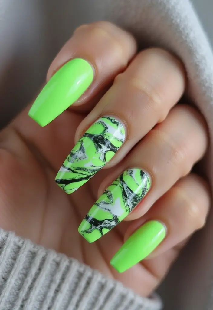 40 Acrylic Green Nail Ideas for Bold Unapologetic Statements - 1. Neon Green Marble Elegance